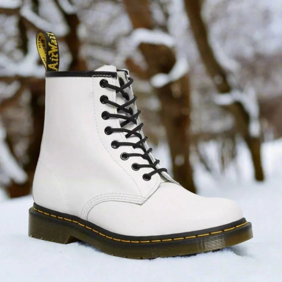 Women's white lace-up boot with yellow stitching