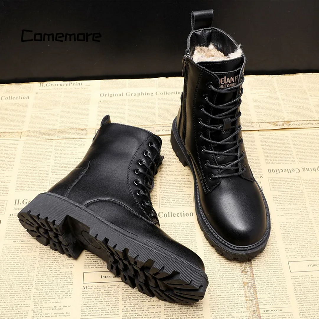 Black faux leather winter boots with chunky sole