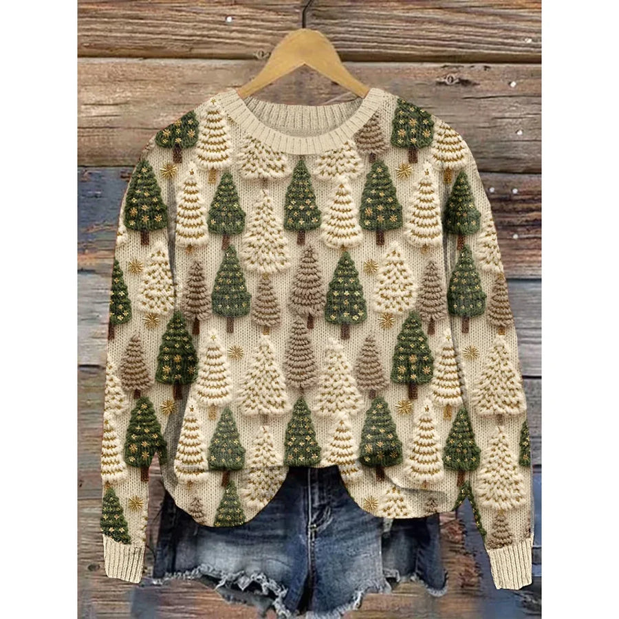 Women's Festive Print Knit Sweater with Round Neck for Christmas Days
