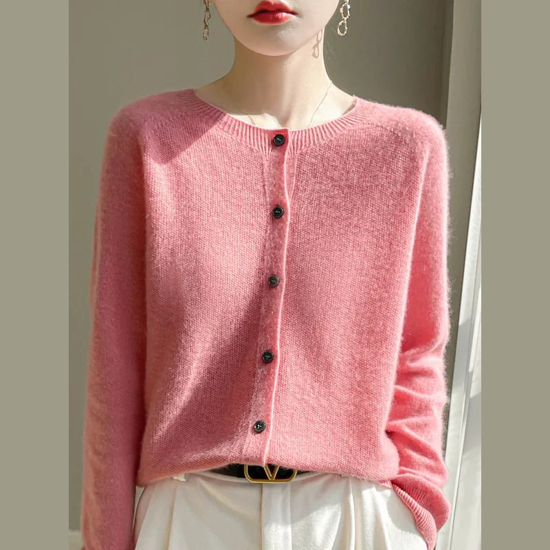 Women's fine knit crew neck cardigan in pink