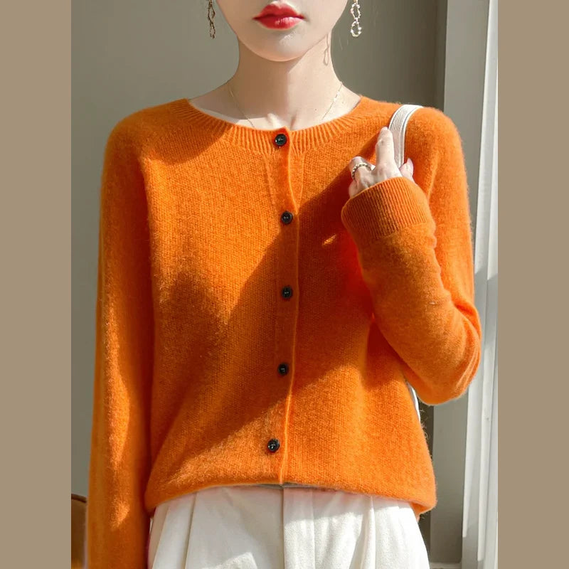 Women's fine knit crew neck cardigan in orange