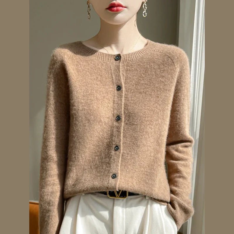 Women's fine knit crew neck cardigan in champagne