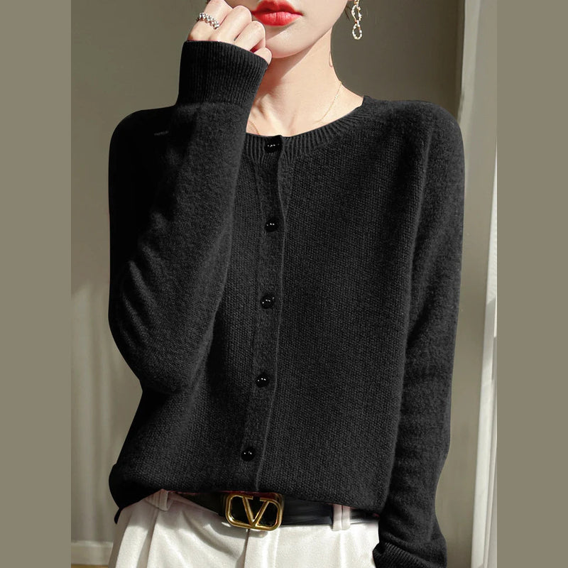Women's fine knit crew neck cardigan in black