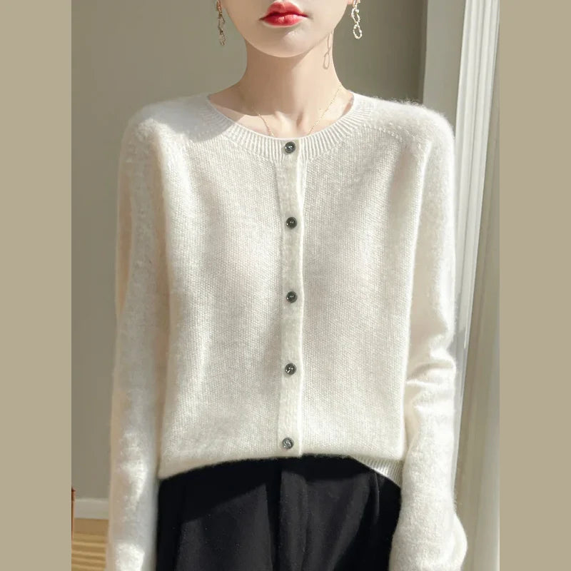 Women's fine knit crew neck cardigan in white