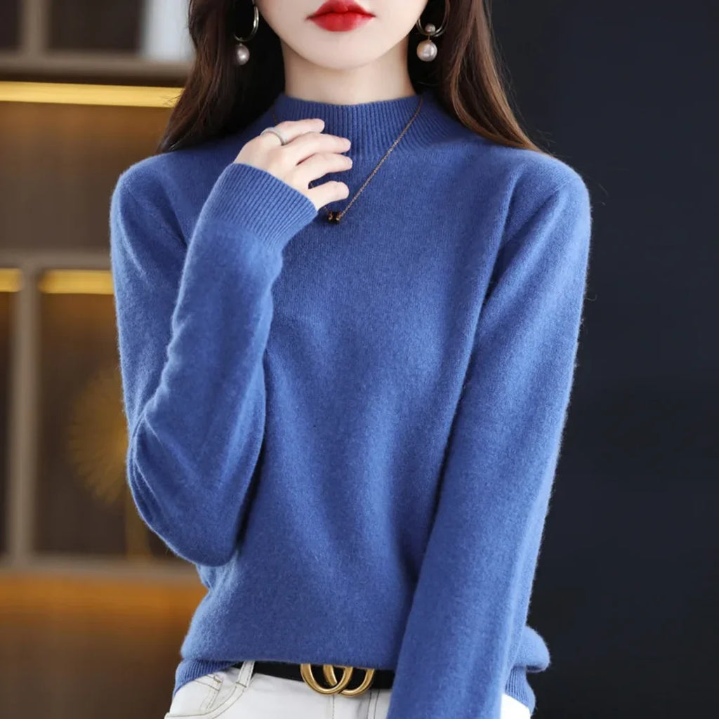 Women's fine knit mock neck sweater in blue