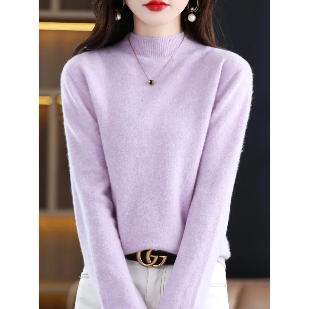 Women's lilac mock neck sweater – front view