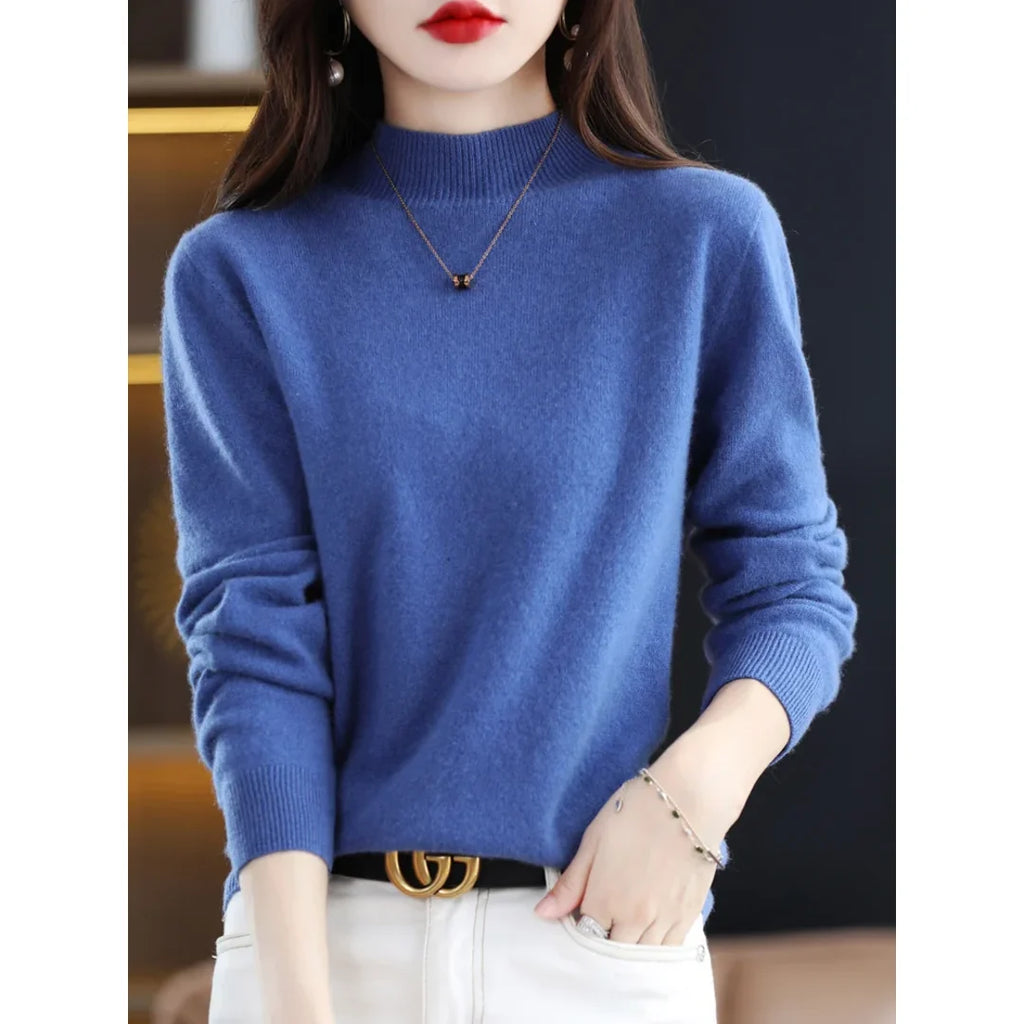 Women's blue fine knit mock neck sweater