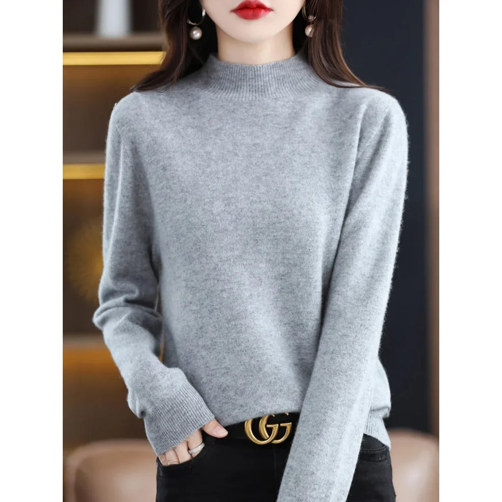 Women's grey fine knit mock neck sweater