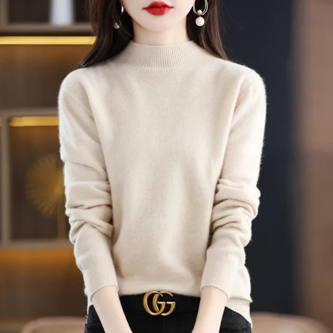 Women's cream mock neck sweater – front view