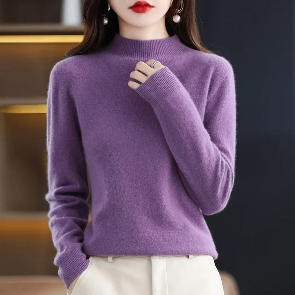 Women's purple mock neck sweater – front view