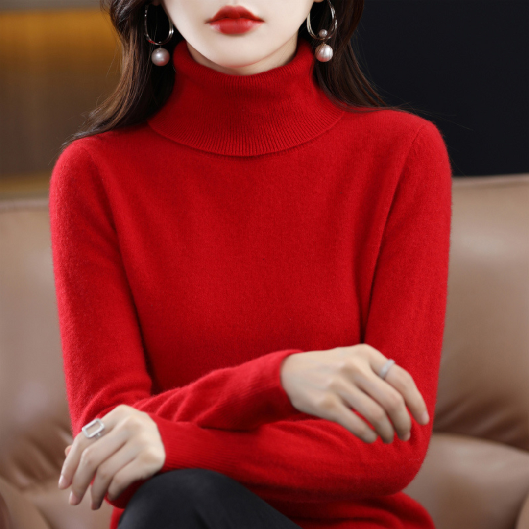 Woman wearing a red turtleneck sweater