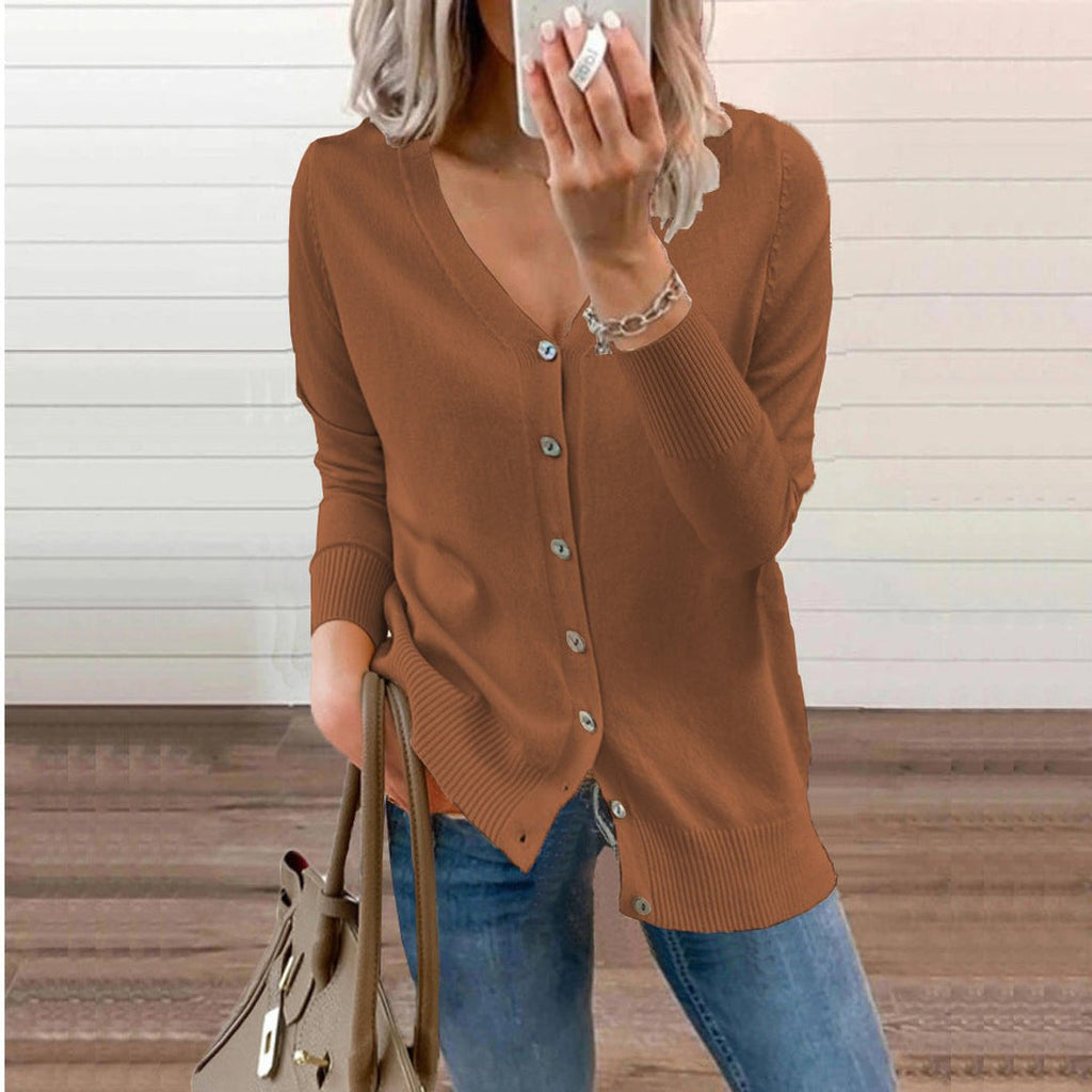 Women's brown V-neck cardigan with button front