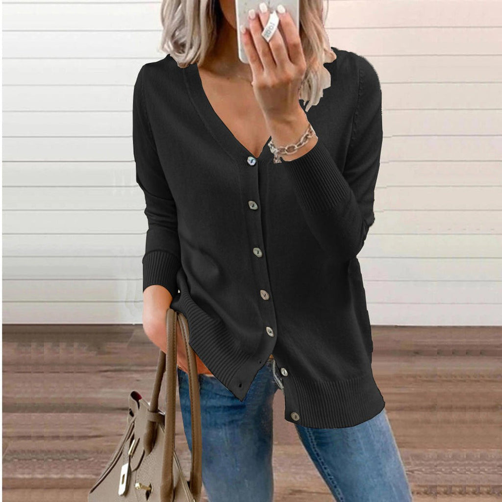 Women's black fine knit cardigan with jeans