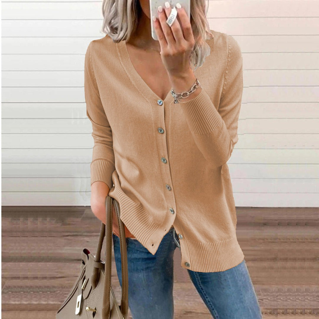 Woman wearing a camel button-front cardigan