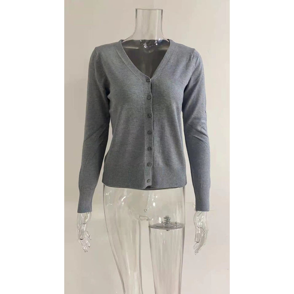 Women's grey V-neck cardigan on a mannequin