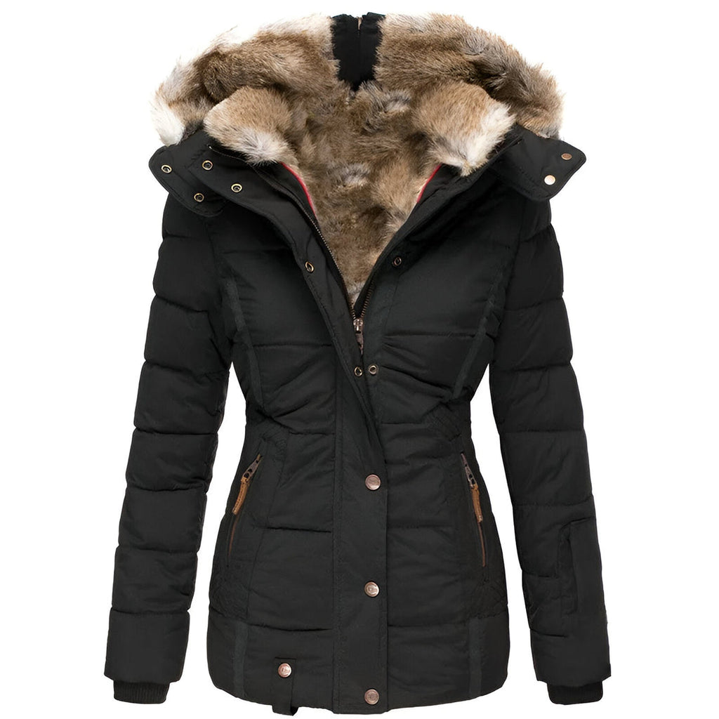 Women's black fitted padded jacket with faux fur hood