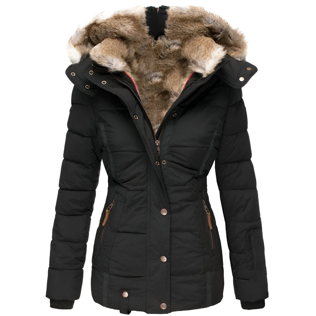Women's black fitted padded jacket with faux fur hood