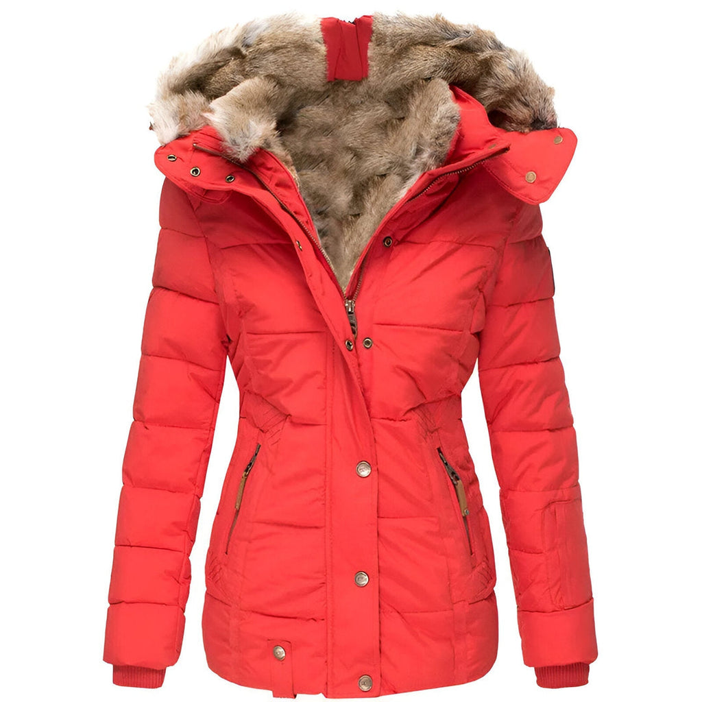Women's red padded winter jacket with hood