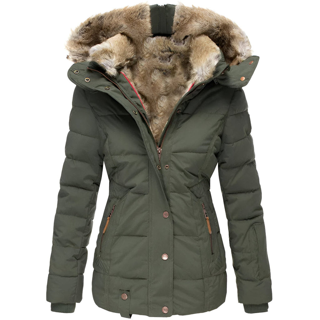 Women's green fitted winter jacket with faux fur trim