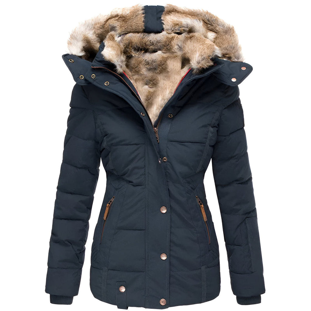 Women's navy padded jacket with faux fur hood