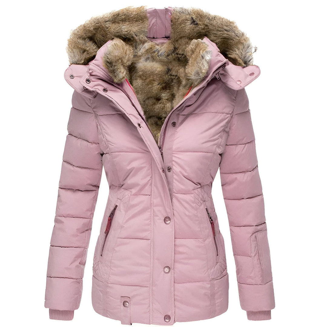 Women's pink padded jacket with faux fur hood
