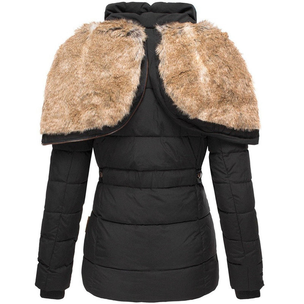 Women's black winter jacket with faux fur collar