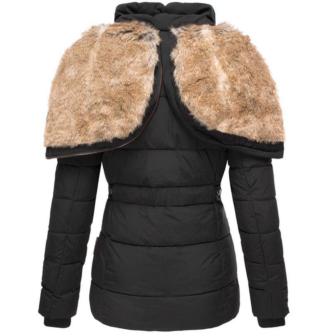 Women's black winter jacket with faux fur collar