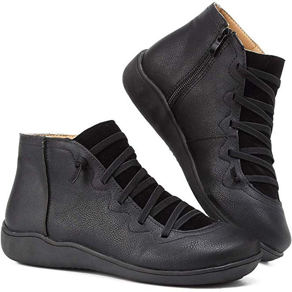 Women's black flat ankle boots with elastic laces