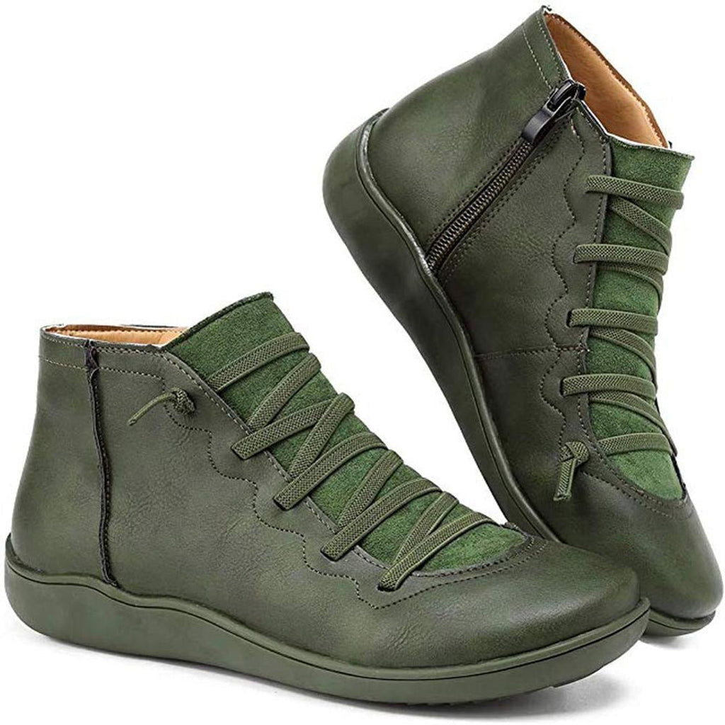 Women's green flat ankle boots with crisscross laces