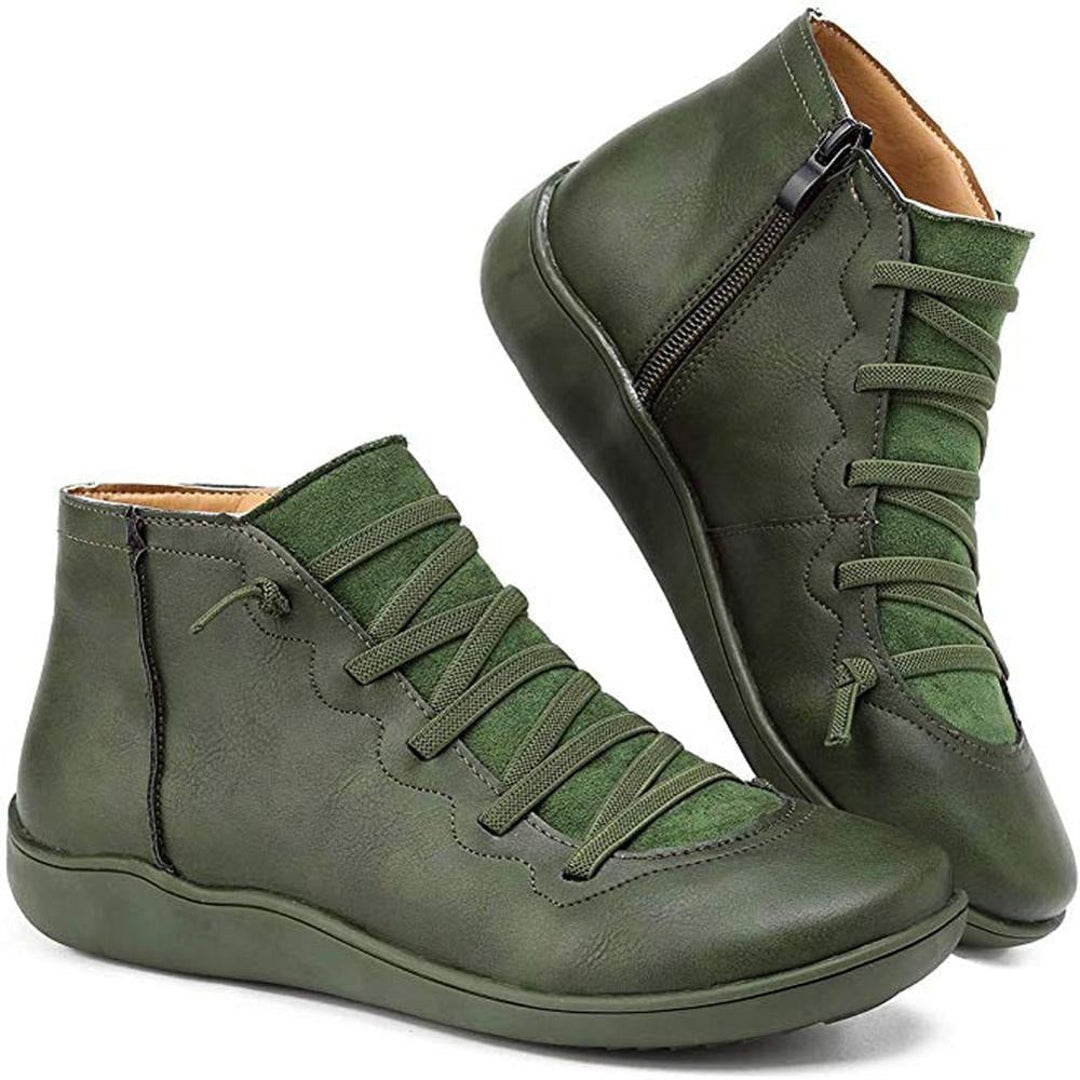 Women's green flat ankle boots with crisscross laces