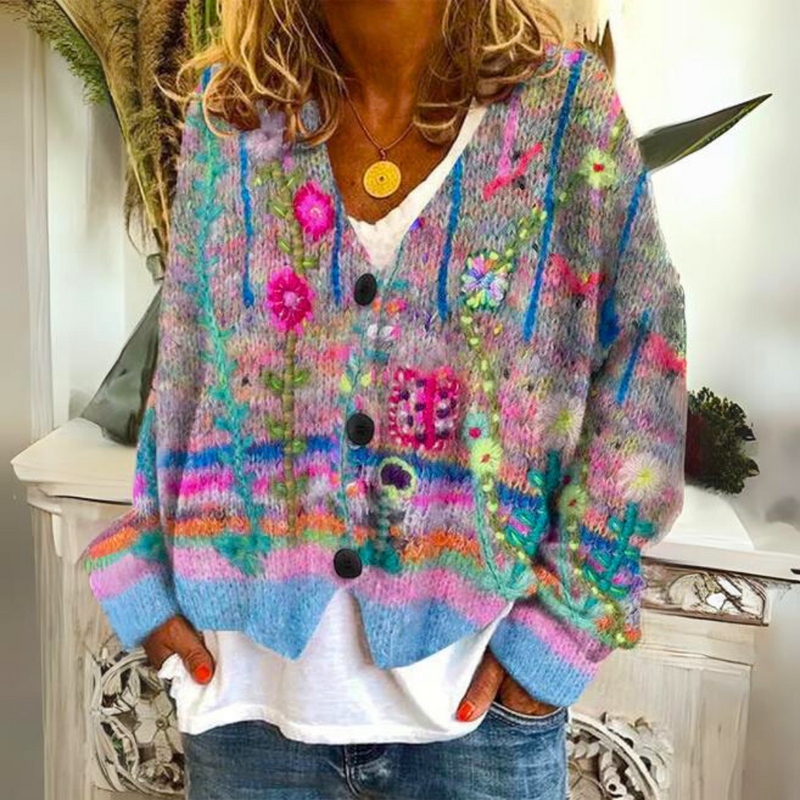 Women's Floral Knit Cardigan with V-Neck Button Front for Everyday Wear