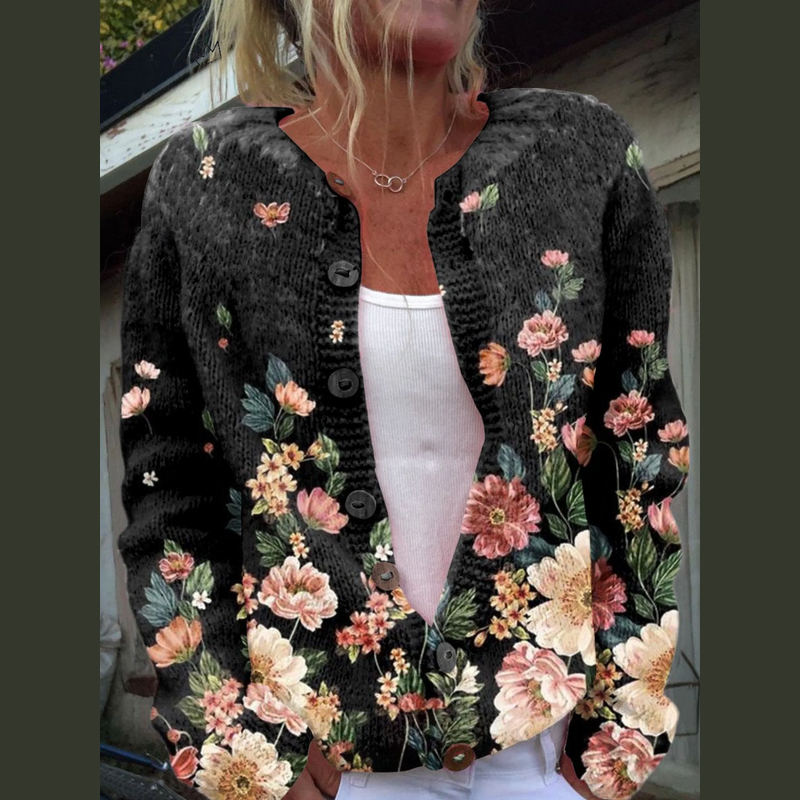 Women's Floral Print Knit Cardigan with Button Front