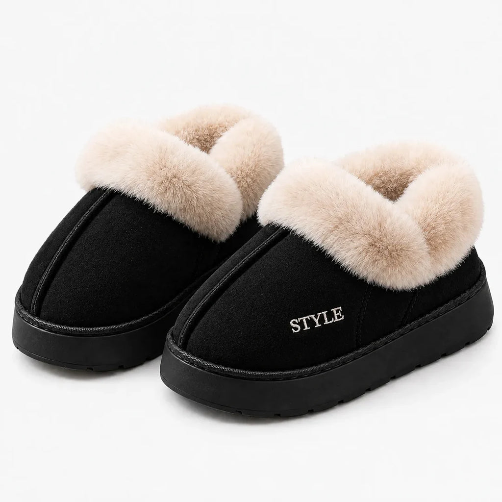 Women's black fluffy platform slipper boots