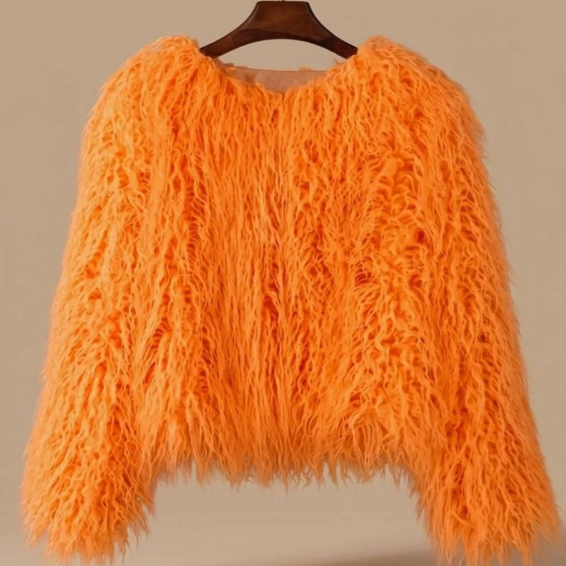 Women's fluffy faux fur jacket in orange