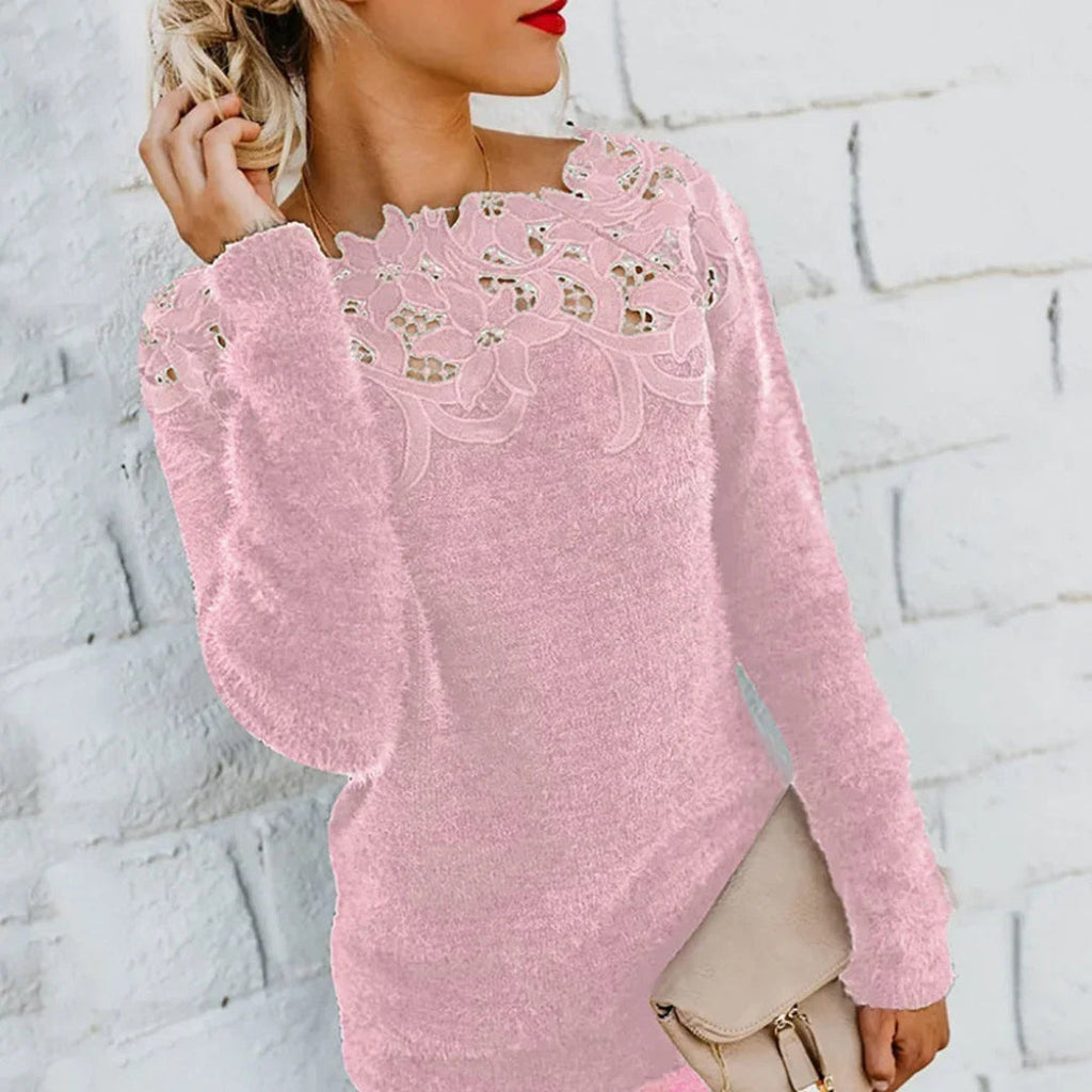 Women's pink fluffy sweater with lace yoke