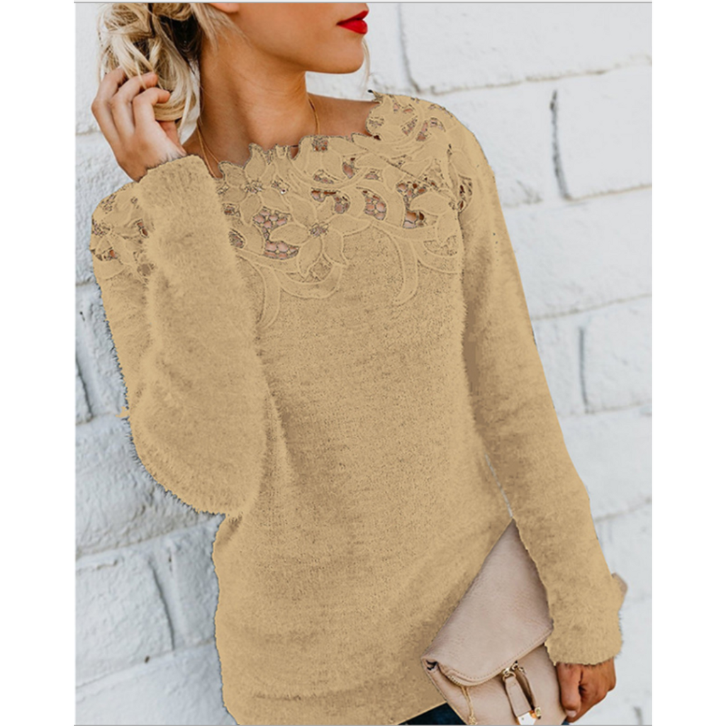 Women's khaki fluffy knit sweater with lace neckline