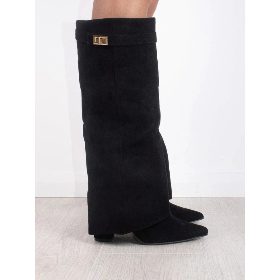 Women's Fold-Over Knee-High Boots with Pointed Toe and Gold-Tone Detail