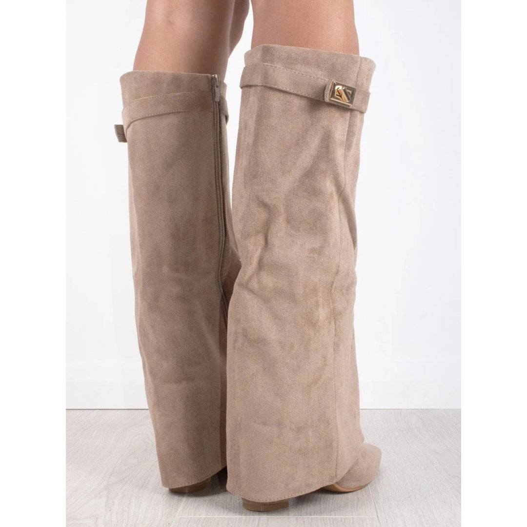 Women's beige pointed toe knee-high boot