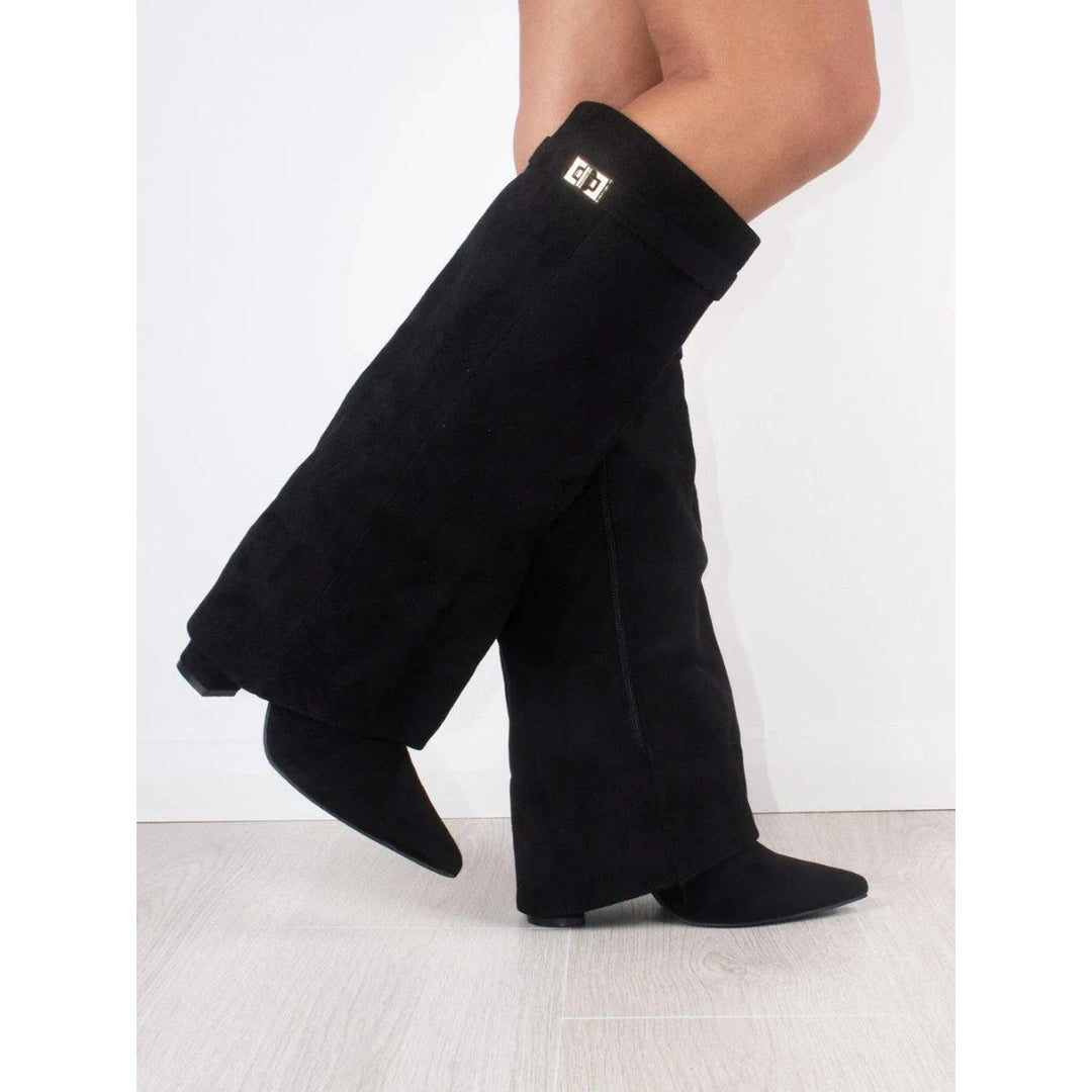 Women's black fold-over boots – walking view