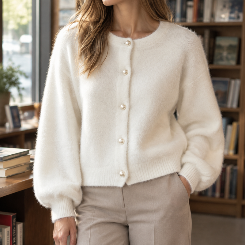 Women's Fuzzy Knit Cardigan with Pearl-Effect Buttons for Autumn