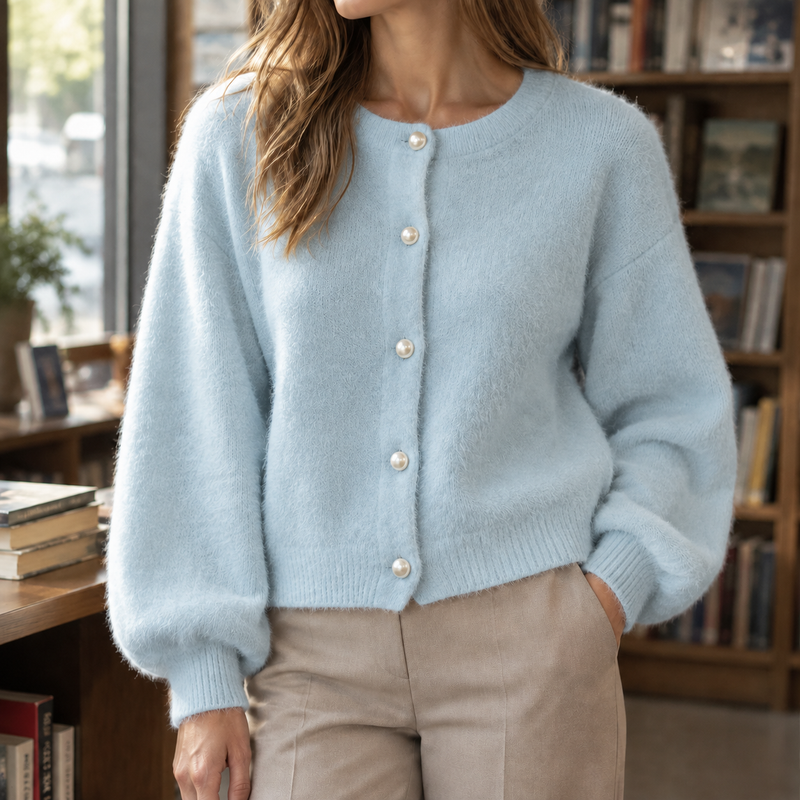 Women's fuzzy knit cardigan in light blue