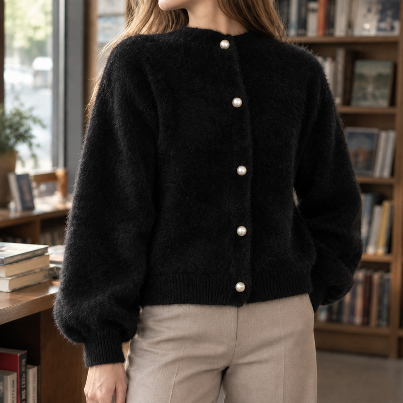 Women's fuzzy knit cardigan in black