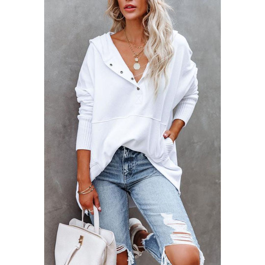 Women's henley hoodie with button placket in white
