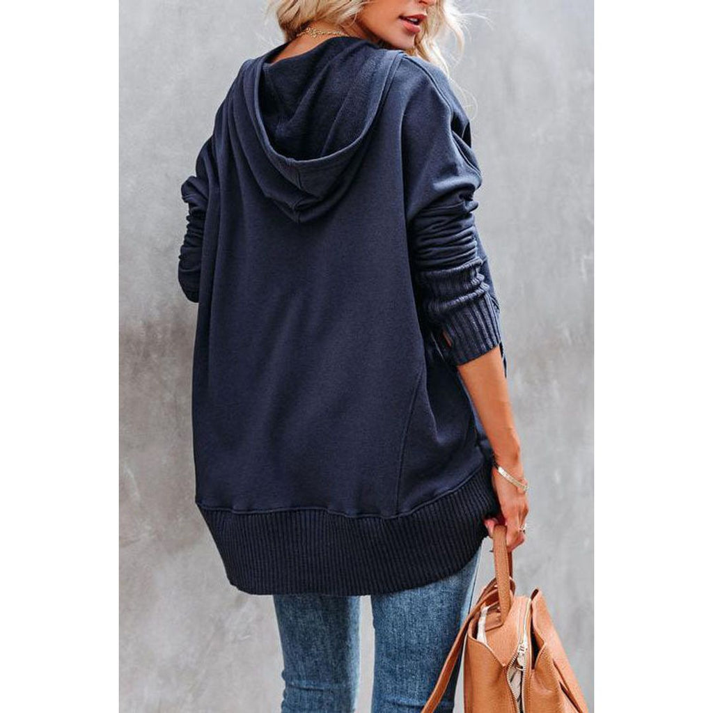 Women's henley hoodie with button placket in navy, back view