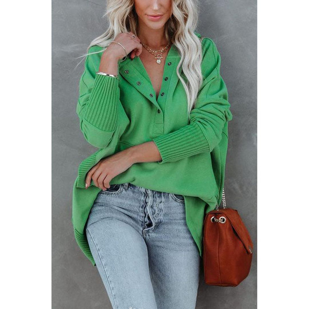 Women's henley hoodie with button placket in green