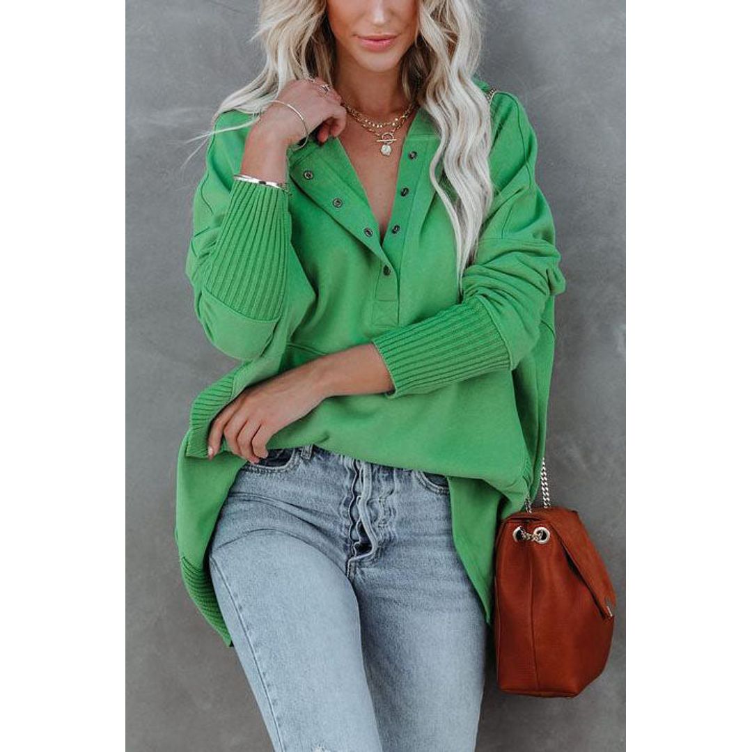 Women's henley hoodie with button placket in green