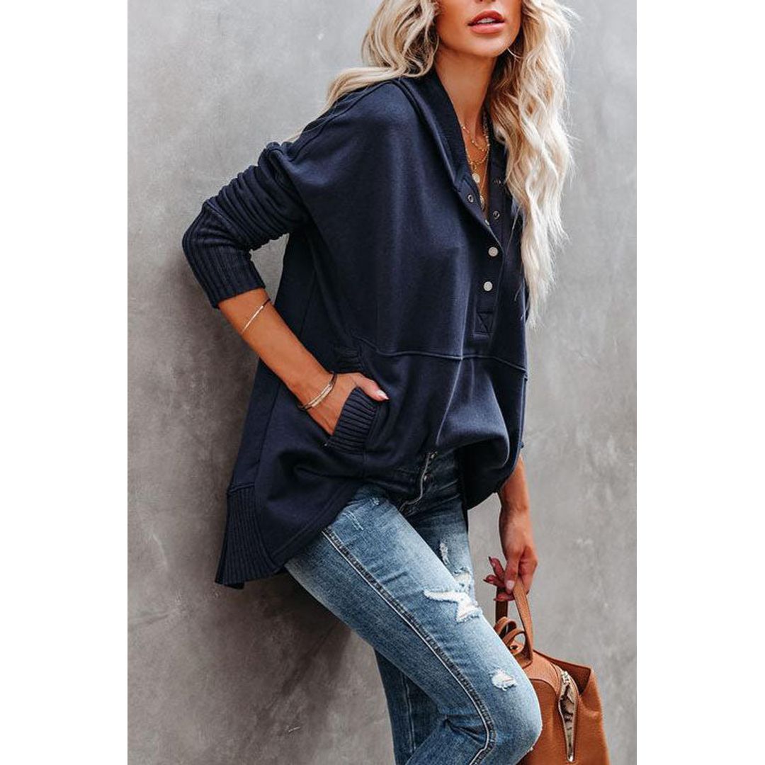 Women's henley hoodie with button placket in navy