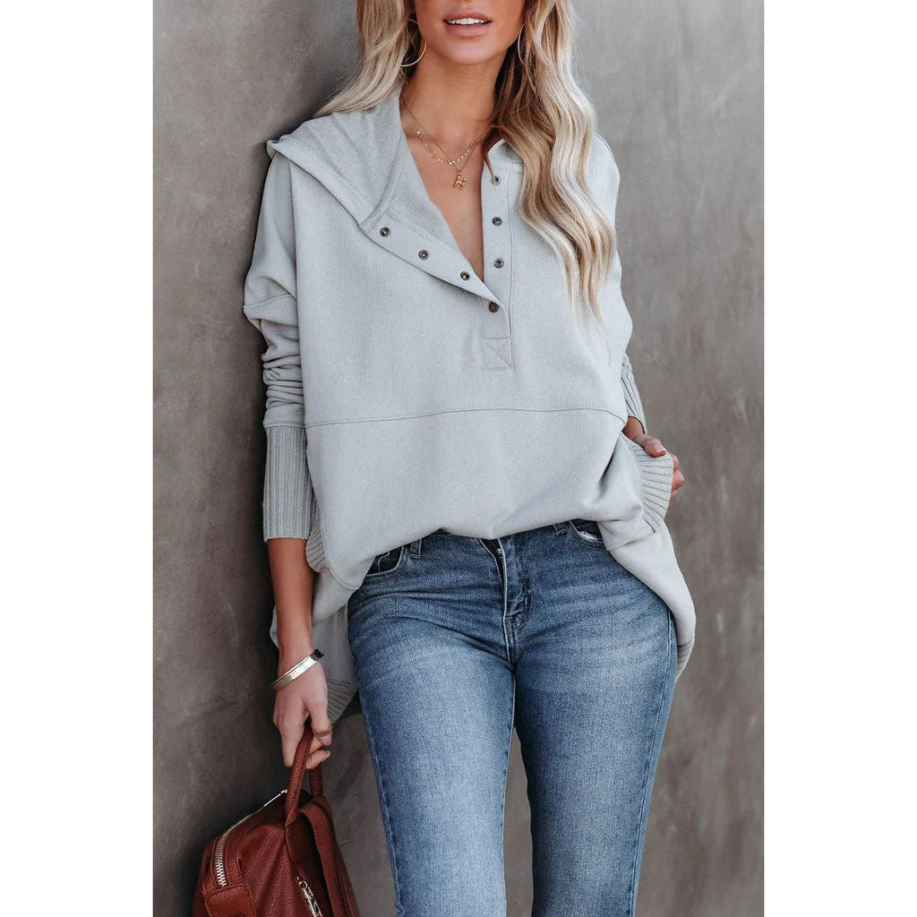 Women's henley hoodie with button placket in grey