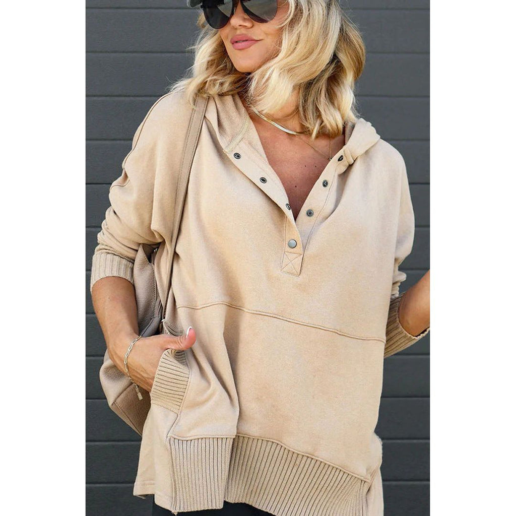Women's henley hoodie with button placket in khaki