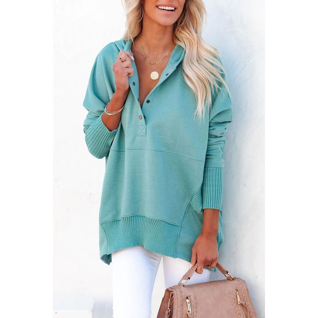 Women's henley hoodie with button placket in turquoise